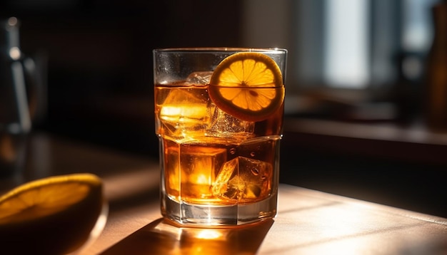 Whiskey-Cocktail auf Bartisch mit von KI erzeugter Zitrone