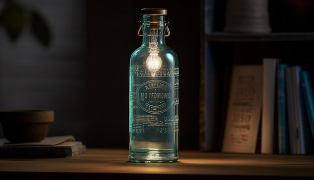 Whiskey-Flasche auf Holztisch-Editorial-Buchhintergrund, generiert von AI