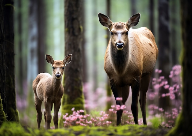 Kostenloses Foto wilder elch in der natur mit kalb