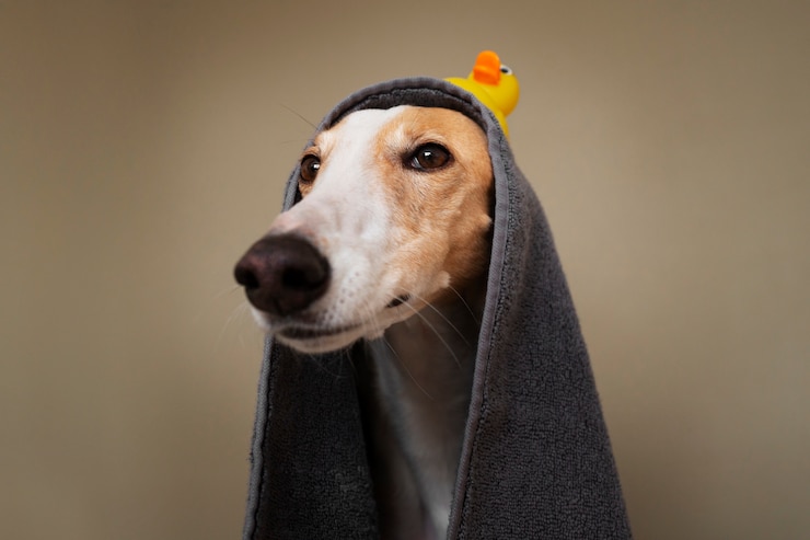 Kostenlose Foto windhund mit handtuch nach dem bad