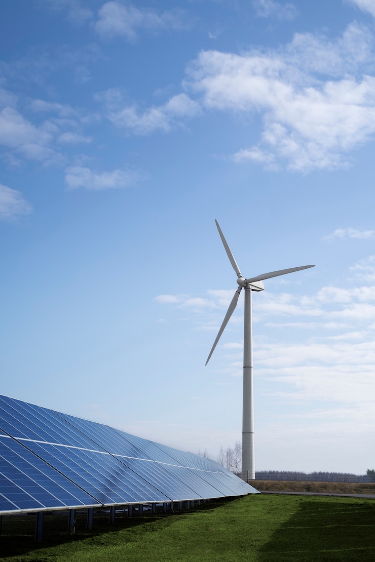 Kostenlose Foto windkraftanlage und sonnenkollektoren niedriger winkel