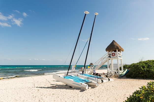 Windschiffe auf sandküste in der nähe von meer