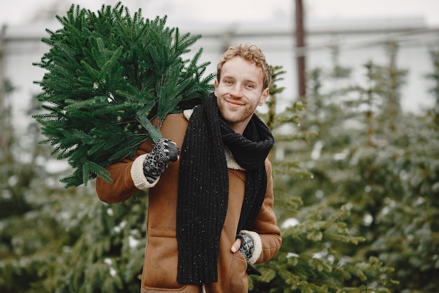 Winterkonzept. Kerl in einem braunen Mantel. Verkäufer des Weihnachtsbaums.