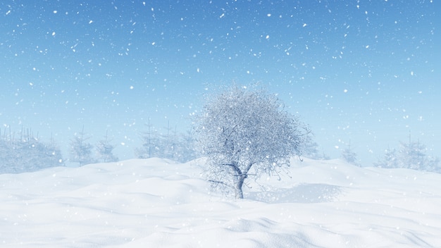 Winterlandschaft 3D mit schneebedecktem Baum
