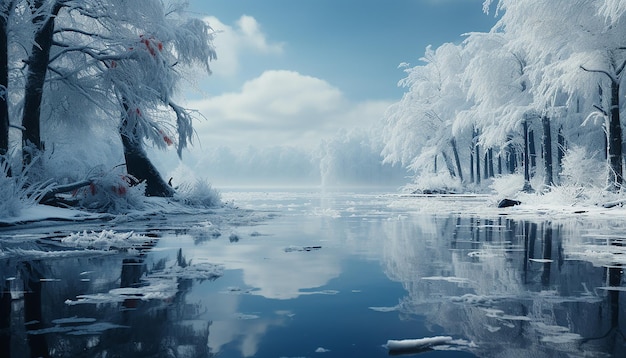 Kostenloses Foto winterlandschaft schneebedeckte bäume gefrorener teich ruhige schönheit, erzeugt von ki