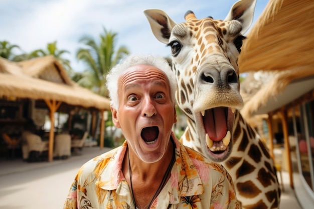 Kostenloses Foto witziger alter mann mit giraffe