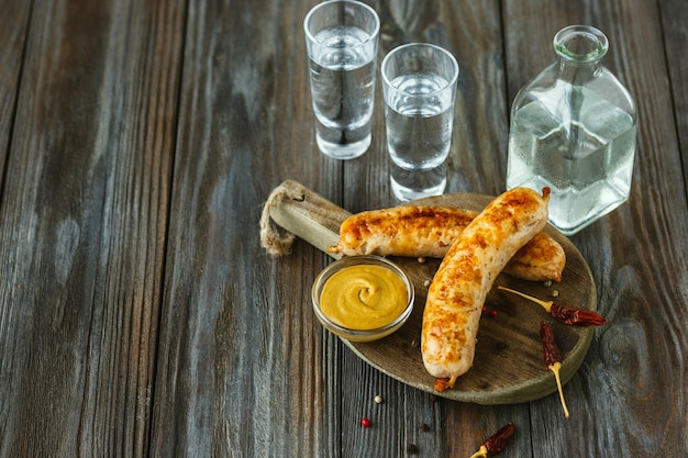 Wodka mit Bratwürsten und Sauce auf Holztisch