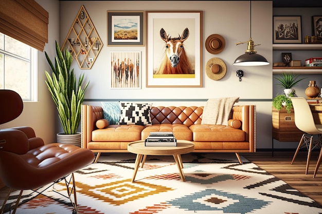 Kostenloses Foto wohnzimmer im mid-century-stil mit warmen farben ai generativ