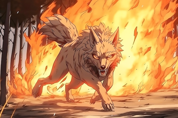 Kostenloses Foto wolf mit feuer im anime-stil