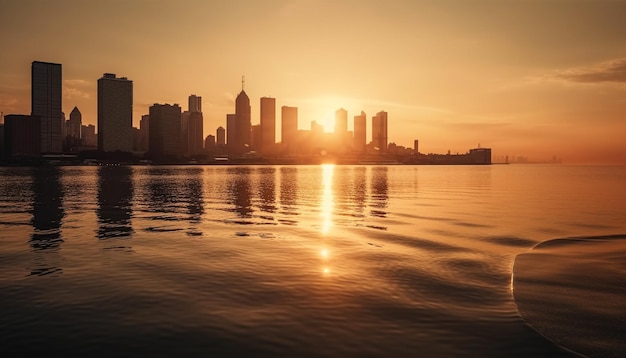 Kostenloses Foto wolkenkratzer spiegeln die skyline der stadt bei sonnenuntergang am wasser wider, generiert von ki