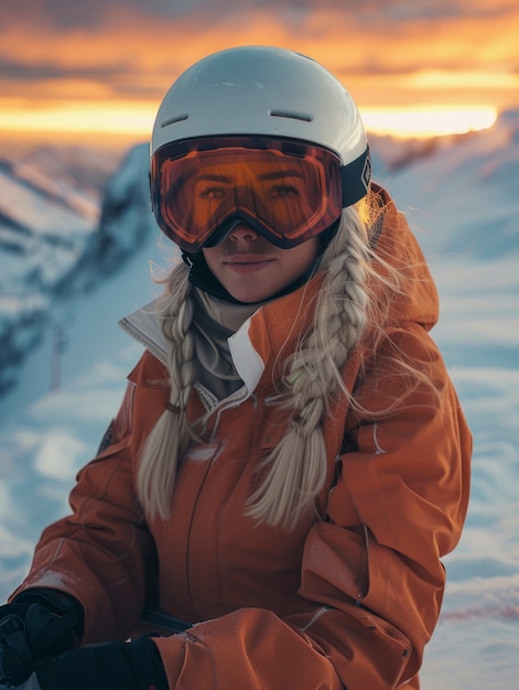Kostenloses Foto woman snowboarding in wintertime with dreamy landscape and pastel shades