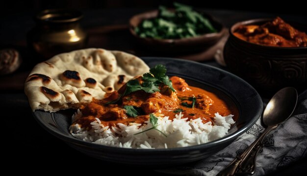 Würziges indisches Essen auf rustikalem Geschirrteller, generiert von KI