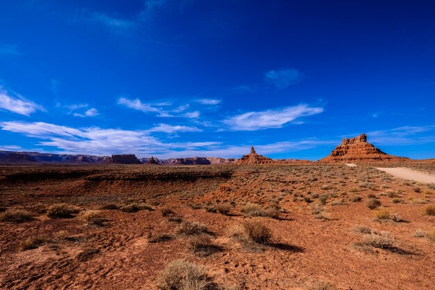 Wüste mit getrockneten Büschen in der Nähe einer unbefestigten Straße mit Klippen in der Ferne an einem sonnigen Tag