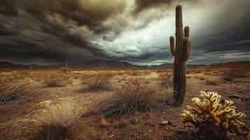 Kostenloses Foto wüstenlandschaft mit kaktus und gewitter