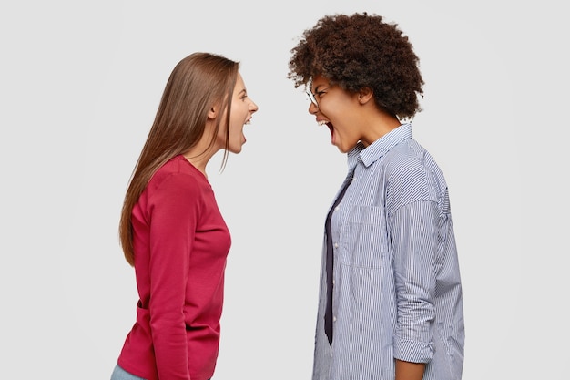 Wütend wütend schreien zwei verzweifelte Frauen sich laut an, haben Meinungsverschiedenheiten oder Streitigkeiten,