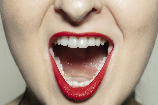 Wütendes Schreien. Nahaufnahme des weiblichen Mundes mit leuchtend rotem Glanzlippen-Make-up und gepflegter Wangenhaut.