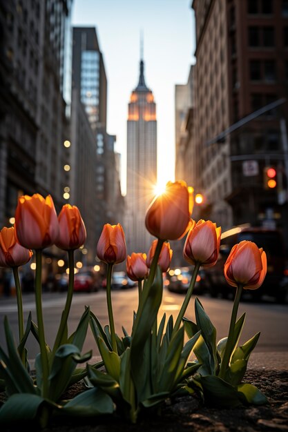 Wunderschöne Blumen und Empire State Building