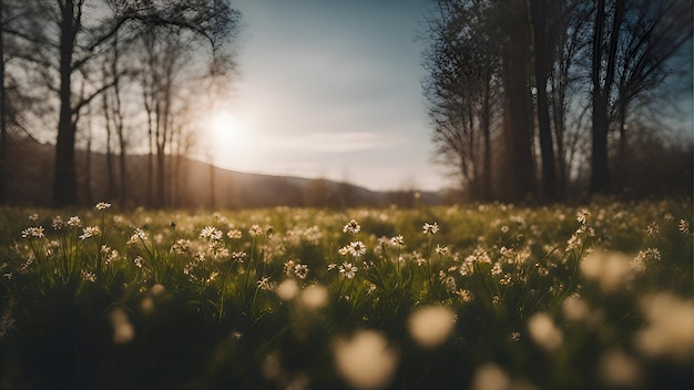 Wunderschöne Frühlingslandschaft mit blühender Wiese und Sonnenstrahlen