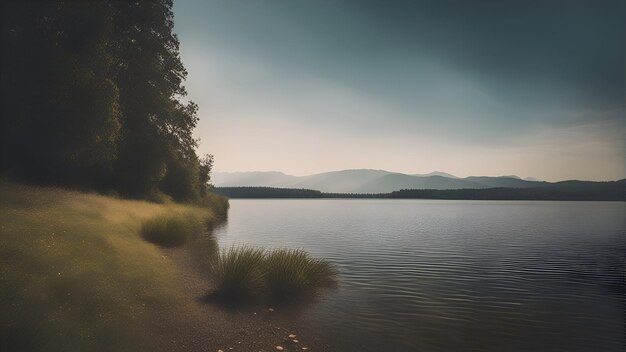 Kostenloses Foto wunderschöne landschaft mit see und bergen am morgen im vintage-stil