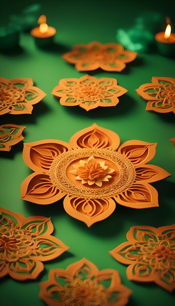 Kostenloses Foto wunderschönes diwali-diya aus papier und brennenden kerzen