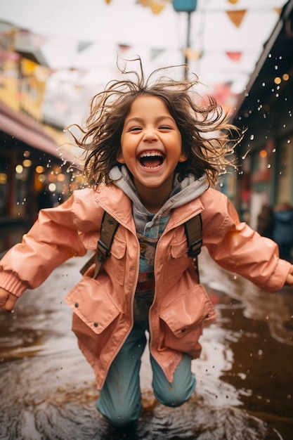 Kostenloses Foto young child enjoying childhood happiness by playing in the puddle of water after rain