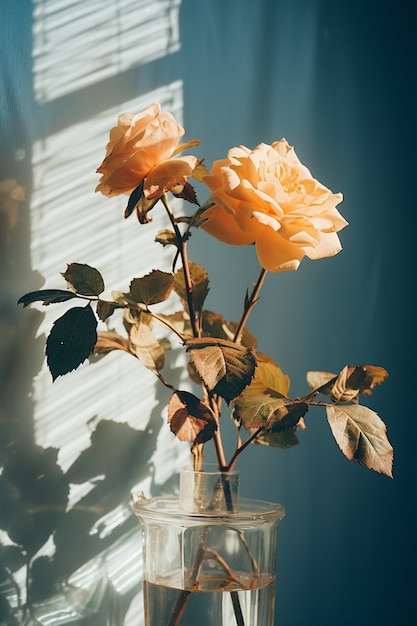 Zarte Rosen in Vase am Fenster