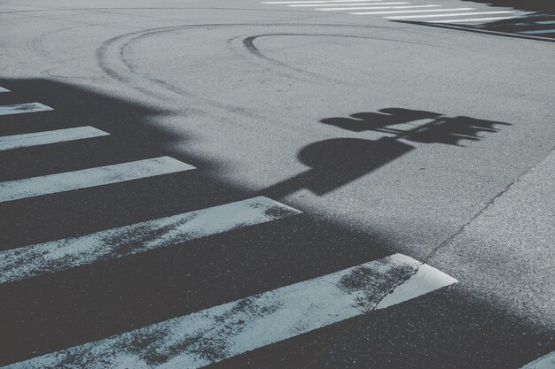 Zebrastreifen nahe bei Straßenschildschatten