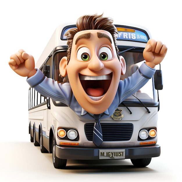 Zeichentrickfigur von Schulbus mit fröhlichem Ausdruck 3D-Illustration