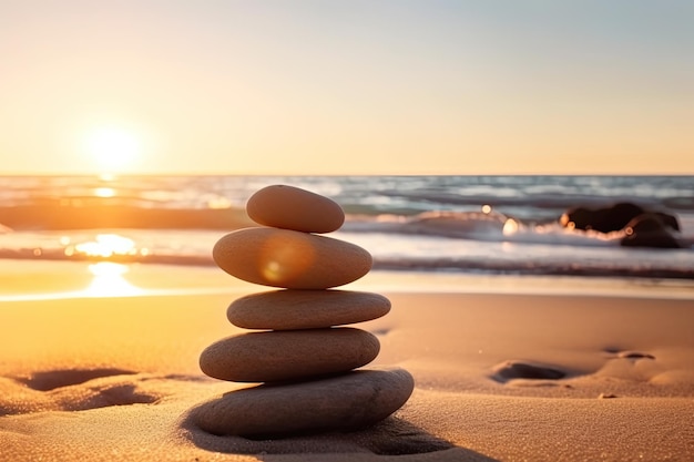 Zen-Steine balanciert am Strand mit Kopie Raum Sunrise light Meditation und Entspannung Ai generativ