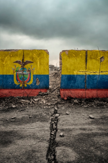 Kostenloses Foto zerrissene und zerbrochene flagge ecuadors an einer zementwand