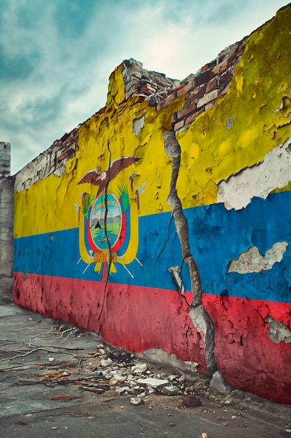 zerrissene und zerbrochene Flagge Ecuadors an einer Zementwand