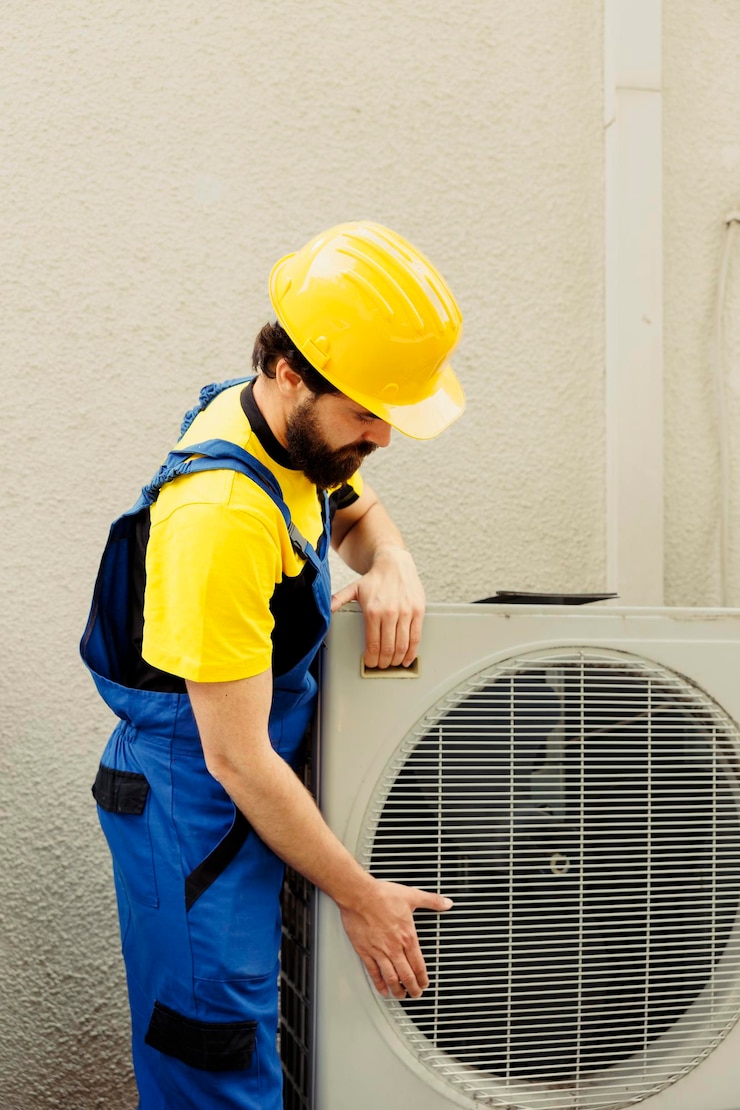 Kostenlose Foto zertifizierter techniker bereitet neue außenklimaanlage vor, nachdem er die alte kaputte einheit ersetzt hat. ein geschulter techniker wurde beauftragt, einen neuen kondensator zu installieren und sicherzustellen, dass er mit maximaler leistung läuft