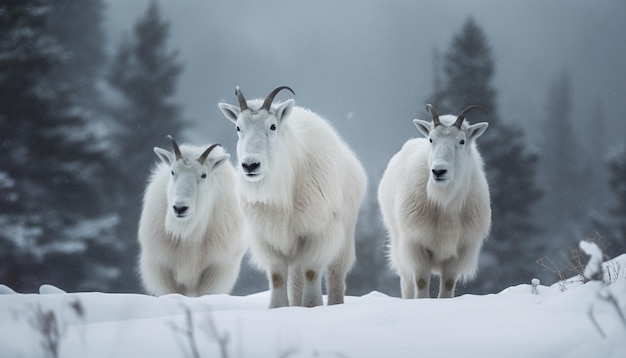 Kostenloses Foto ziege, die in einer frostigen winterlandschaft, die von ki generiert wurde, niedlich aussieht