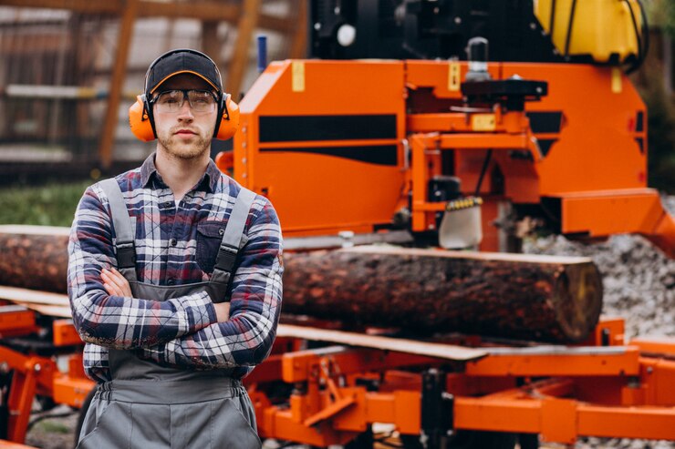 Kostenlose Foto zimmermann, der an einem sägewerk auf einer holzmanufaktur arbeitet