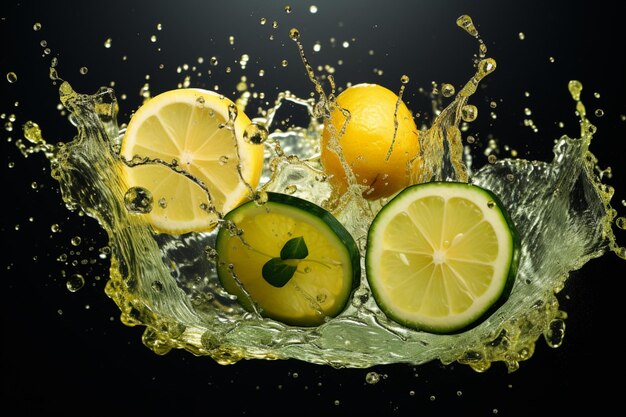 Zitronenscheibe in einem Spritzer Saft Wasser fallen Tropfen