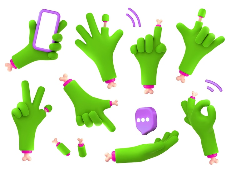Kostenlose Foto zombie hände 3d-renderset grüne monsterpalmen
