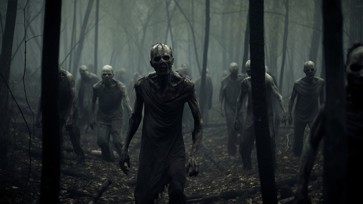 Kostenlose Foto zombies, die im wald spazieren gehen