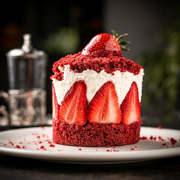 Zoomansicht eines kleinen runden Kuchens, der mit Erdbeeren auf einem weißen Teller dekoriert ist