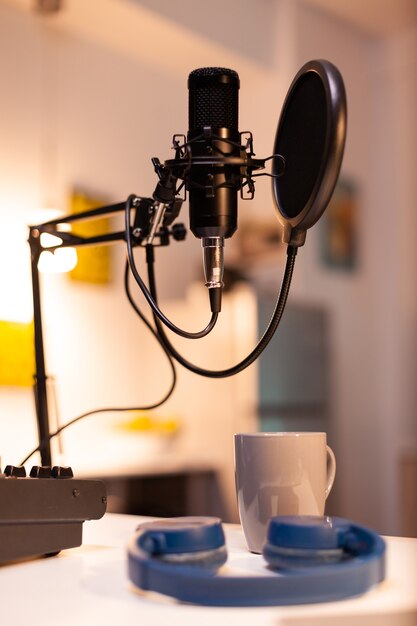 Zoomen auf professionelles Mikrofon im Vlogger-Heimstudio