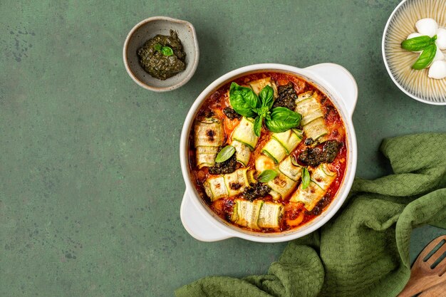 Zucchini-Lasagne-Rollen mit Ricotta gefüllt und in Tomatensauce gebacken