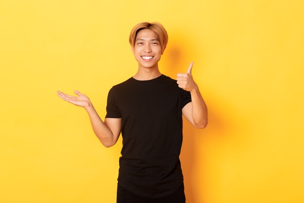Zufrieden und glücklich attraktiver koreanischer Typ lächelnd, Daumen hoch in Zustimmung mit Freude zeigend, etwas auf der Hand haltend, stehende gelbe Wand