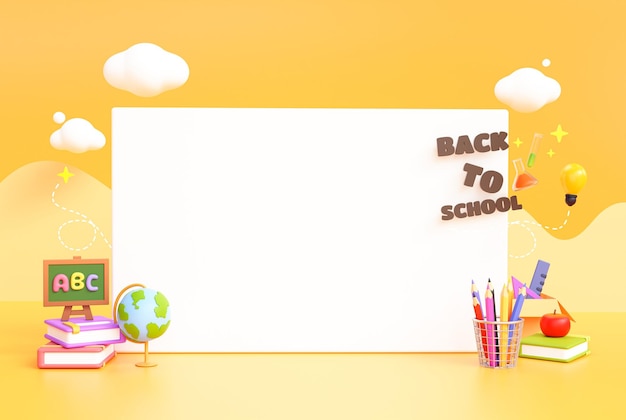 Zurück zu Schule Briefpapier Bildung Element Banner Cartoon auf gelbem Hintergrund 3D-Darstellung