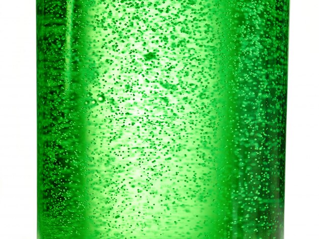 Zusammenfassung: Blase von Sprudelwassersoda auf der grünen Glasflasche mit Gradientenlicht