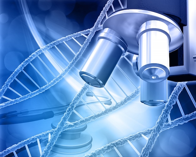 Zusammenfassung medizinischen Hintergrund mit DNA-Stränge Mikroskop und Stethoskop