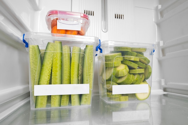 Zusammensetzung gesunder Rohkost im Kühlschrank