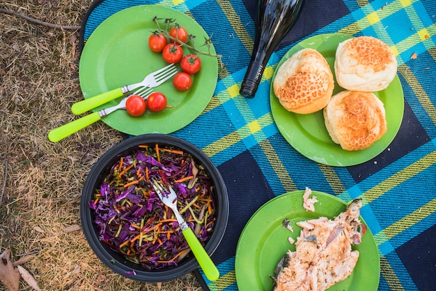 Zusammensetzung von Picknick Essen und Wein