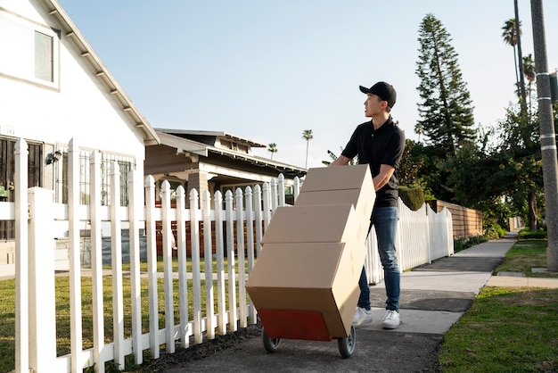 Zusteller, der das Paket zur Zustellung herausholt