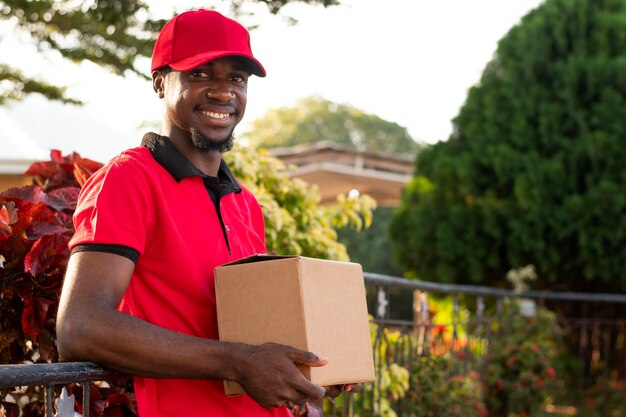 Zusteller mit Paket hautnah