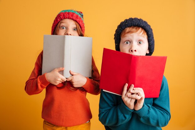 Zwei ängstliche kleine rothaarige Kinder, die Gesichter mit Büchern bedecken.
