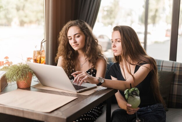 Zwei attraktive weibliche Freunde, die im Restaurant an Laptop arbeiten